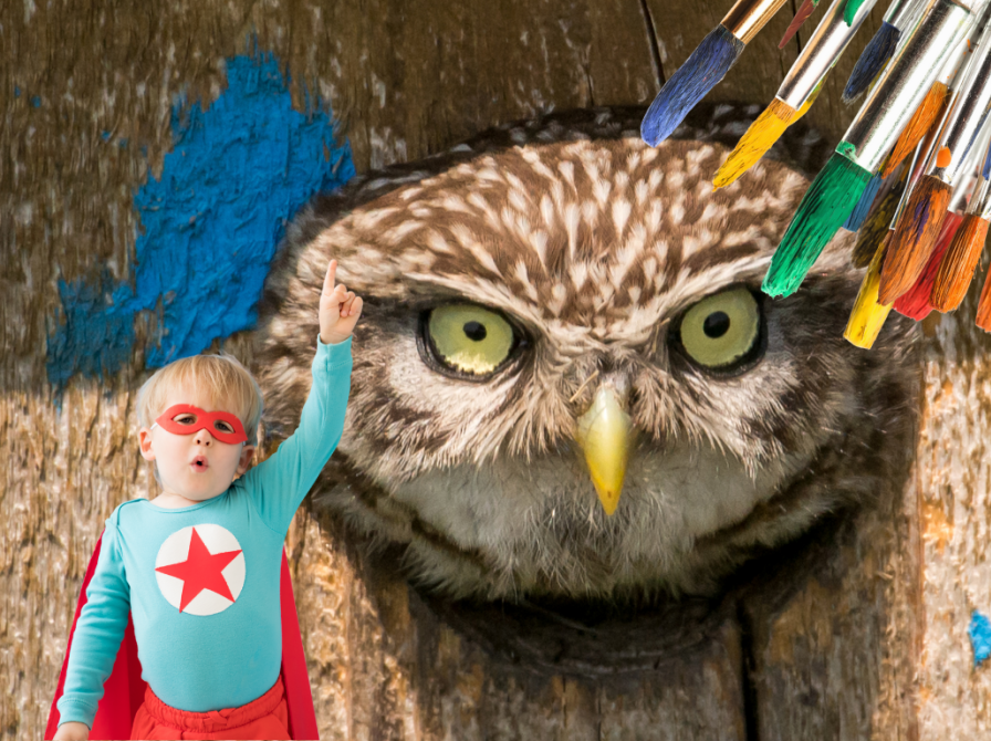 Ugle, der titter frem, en dreng i udklædning og pensler med maling